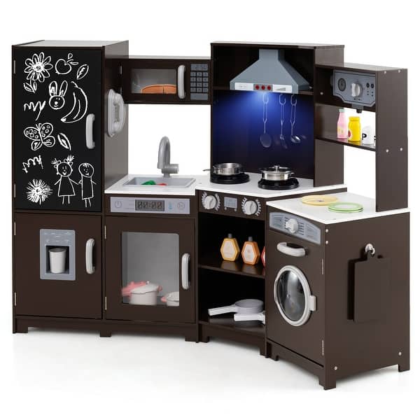 slide 2 of 30, Gymax Corner Kids Play Kitchen Wooden Pretend Toy Kitchen w/ Realistic Brown