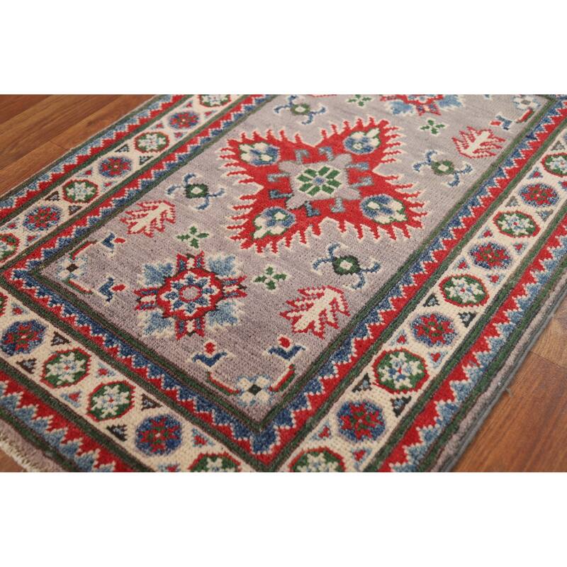 Gray Geometric Kazak Oriental Accent Rug Hand-Knotted Wool Carpet - 2'0"x 3'0"