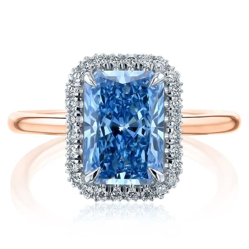 Kobelli 3 Carats Vivid Blue Diamond 14k Solid Gold Double Halo Radiant Aomori Ring (Certified) - Rose - 7.5