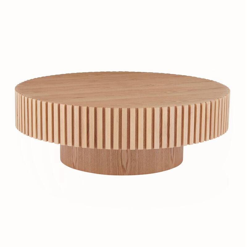 Round Wood Coffee table for Apartment, Modern Living Room Coffee Table with Sturdy Pedestal