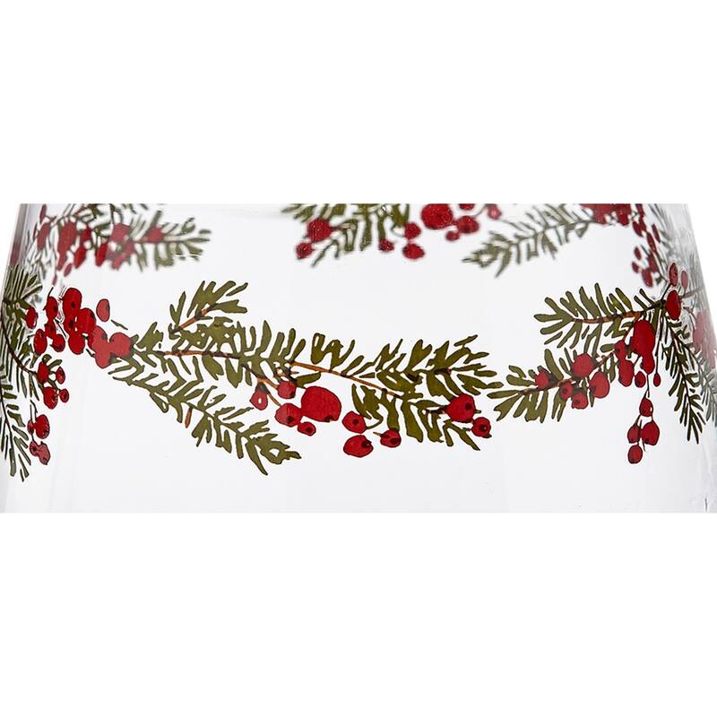 18 oz. Farmhouse Christmas Holly Berries Leaves Glass Stemless Wine Drinkware Dishwasher Safe