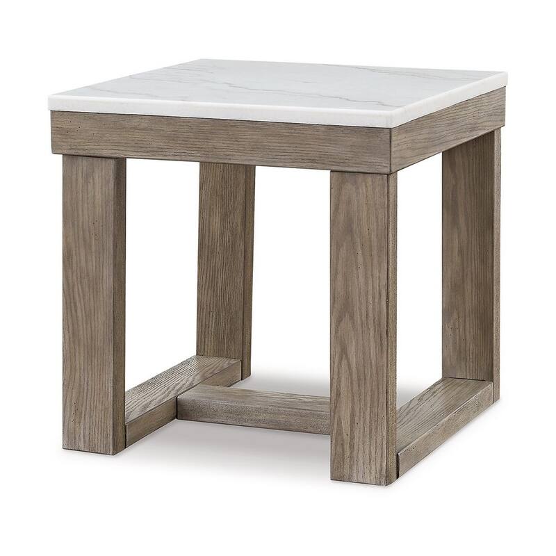 Aska Side End Table, Block Profile, Marble, 24 Inch Taupe Gray Wood