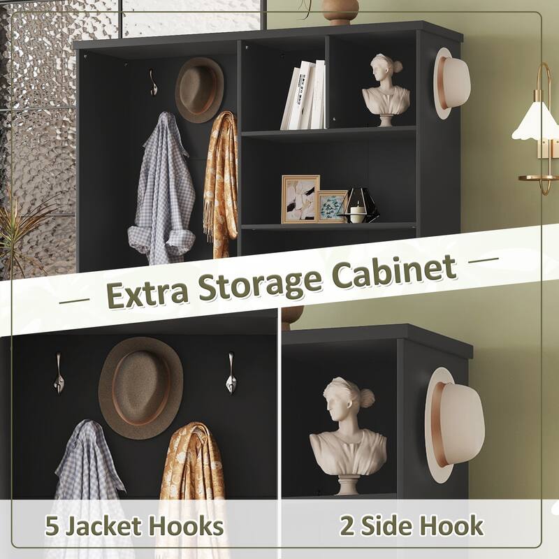 Multi-functional Hall Tree with Storage Shelves Drawers and Cabinet, Hallway Shoe Cabinet with Bench, Coat Rack with Hooks