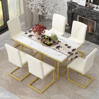7-Piece Modern Dining Table Set, Rectangular Marble Sticker Table and 6 Chairs with Golden Steel Legs