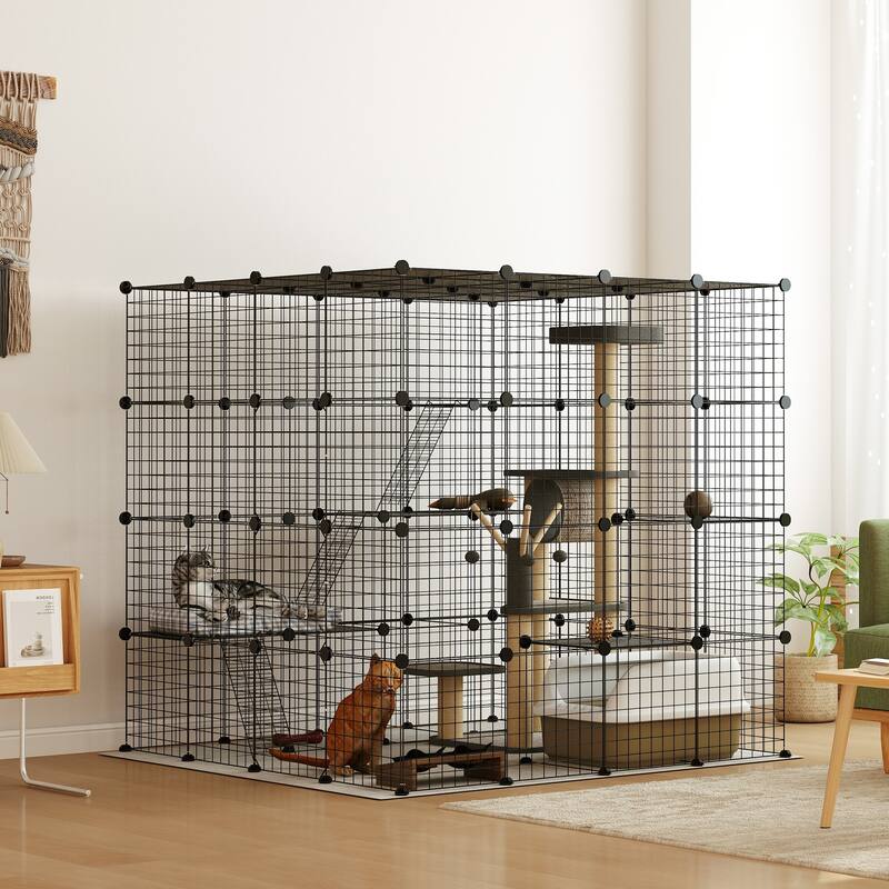 PawHut 4-Tier Large Cat Cage, 55" DIY Cat Playpen with Platforms, Ramps, Accessories, Detachable Metal Kitten Exercise Place