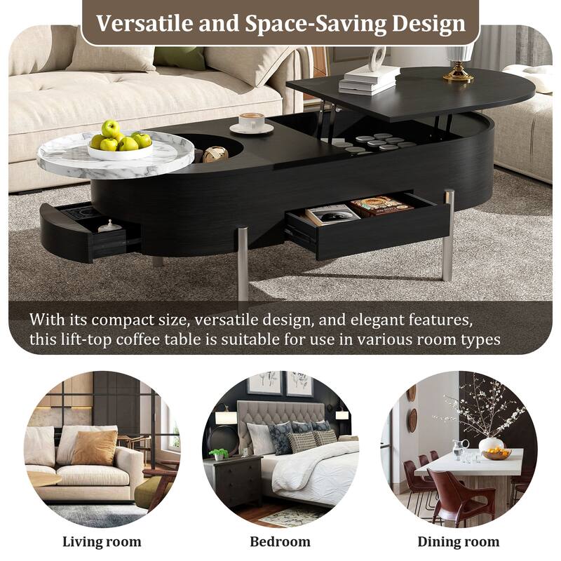Roomfitters Lift Top Oval Coffee Table with Rotating Marble Tray and Hidden Compartment