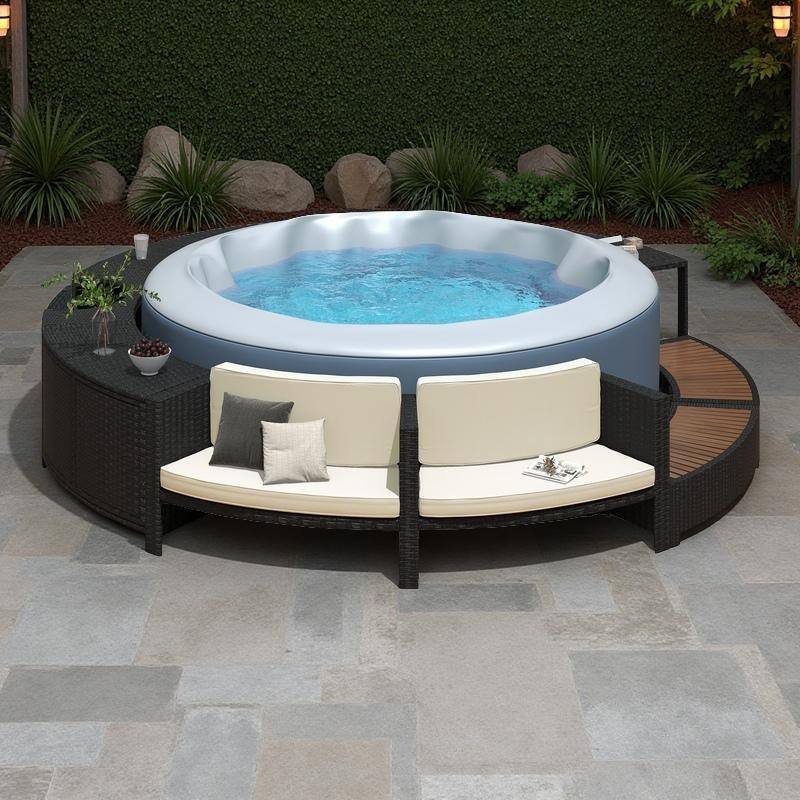 Outdoor Patio Rattan Spa Surround Frame Sofa Set with Storage Spaces, Bench and Cushions - Beige