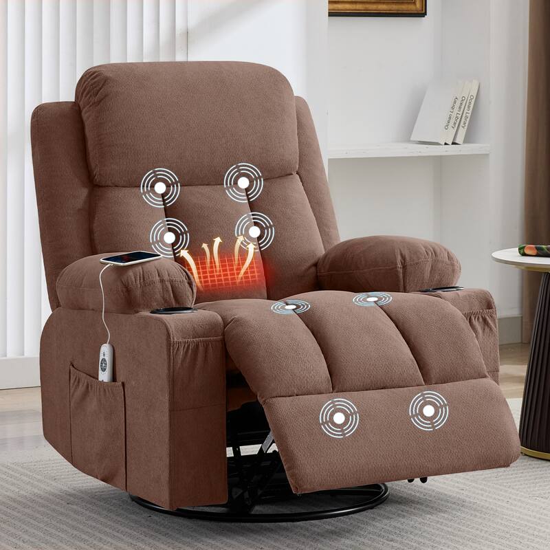 Swivel Rocker Recliner Chair with Vibration Massage and Heat, with Rocking and Side Pocket, USB Charge Port, 2 cup holders