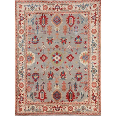 Floral Kazak Area Rug Handmade Traditional Grey Wool Carpet - 5'0" x 6'5"