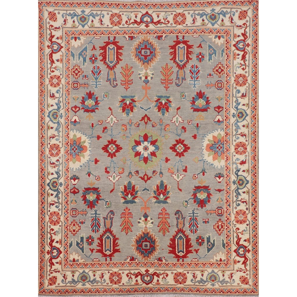 Floral Kazak Area Rug Handmade Traditional Grey Wool Carpet - 5'0" x 6'5"