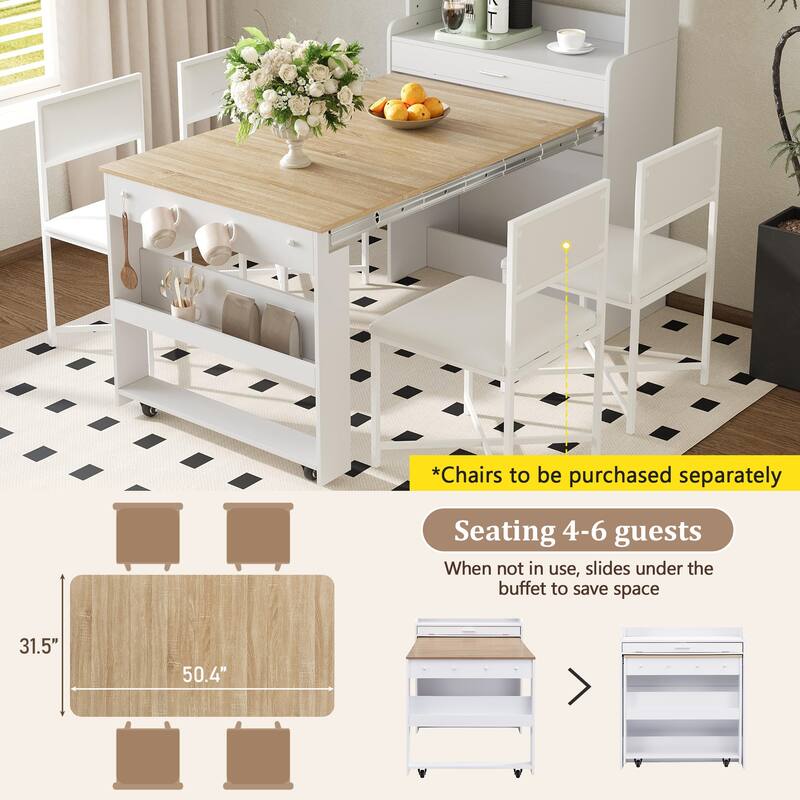2-in-1 Buffet with Hutch and Foldable Dining Table, Multifunctional Cupboard with Storage Shelf and Side Hooks