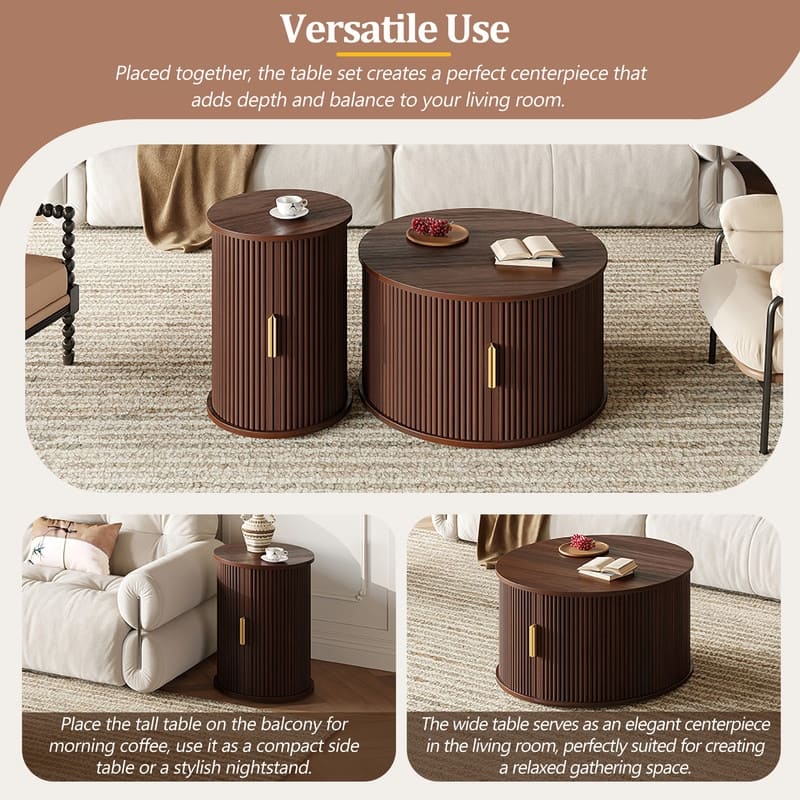 Mid-Century Modern Coffee & End Table Set with Tambour Doors - 2-Piece Wood Finish Living Room Storage