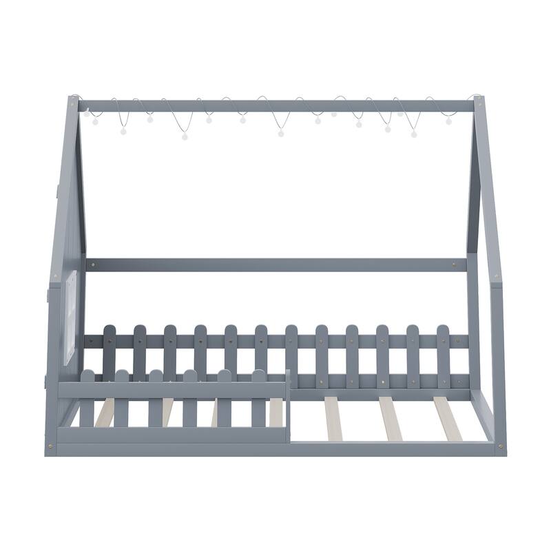 Full Size Wood House Bed With Window And Fence