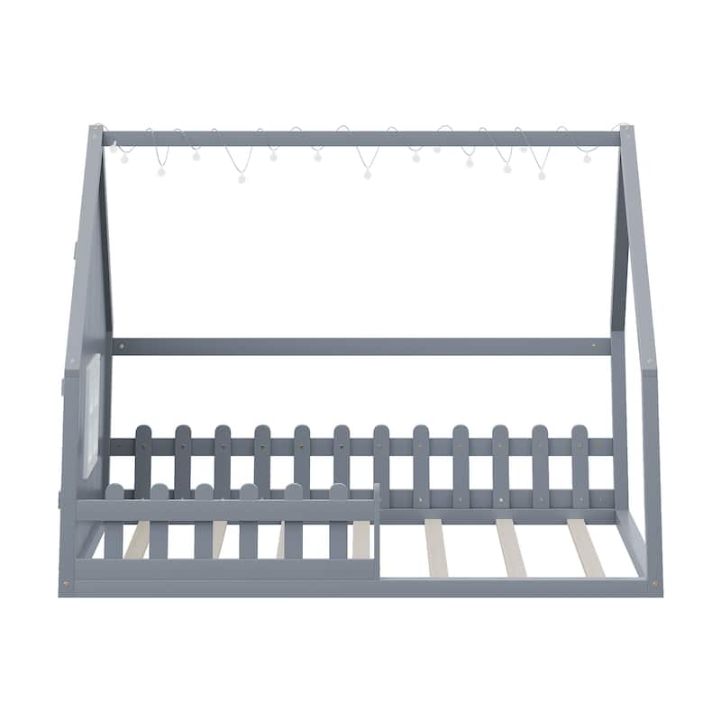 Solid Pinewood Full Size Floor House Bed Frame with Window and Fence