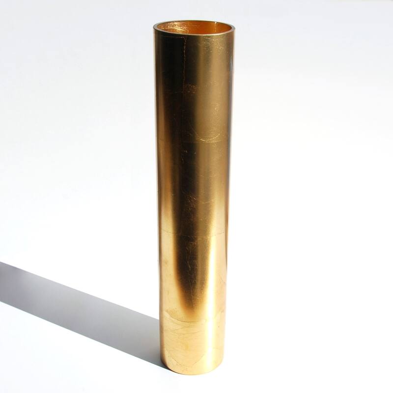 20 Inch Glass Cylinder Shape Hand Gilded Vase with Metal Leaf Details and Distressed Finish