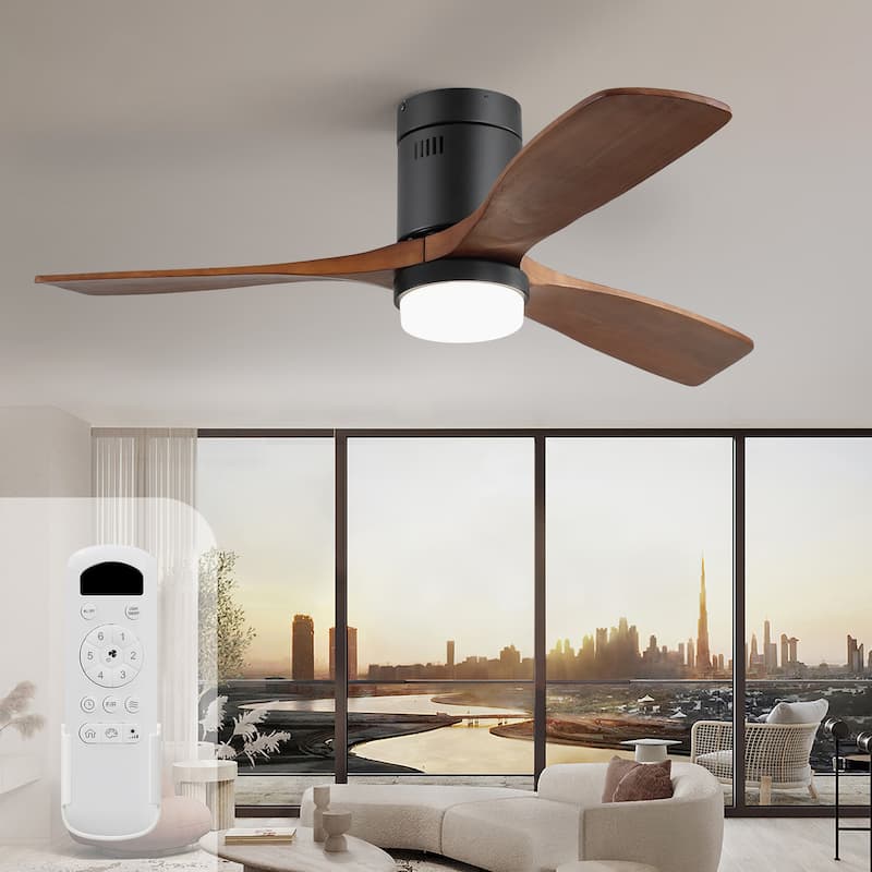 60 Inch Solid Wood Ceiling Fan with Light and Remote, Reverse Functions, Integrated Light Optional - 52Inch - Black and Walnut Blades/With lights