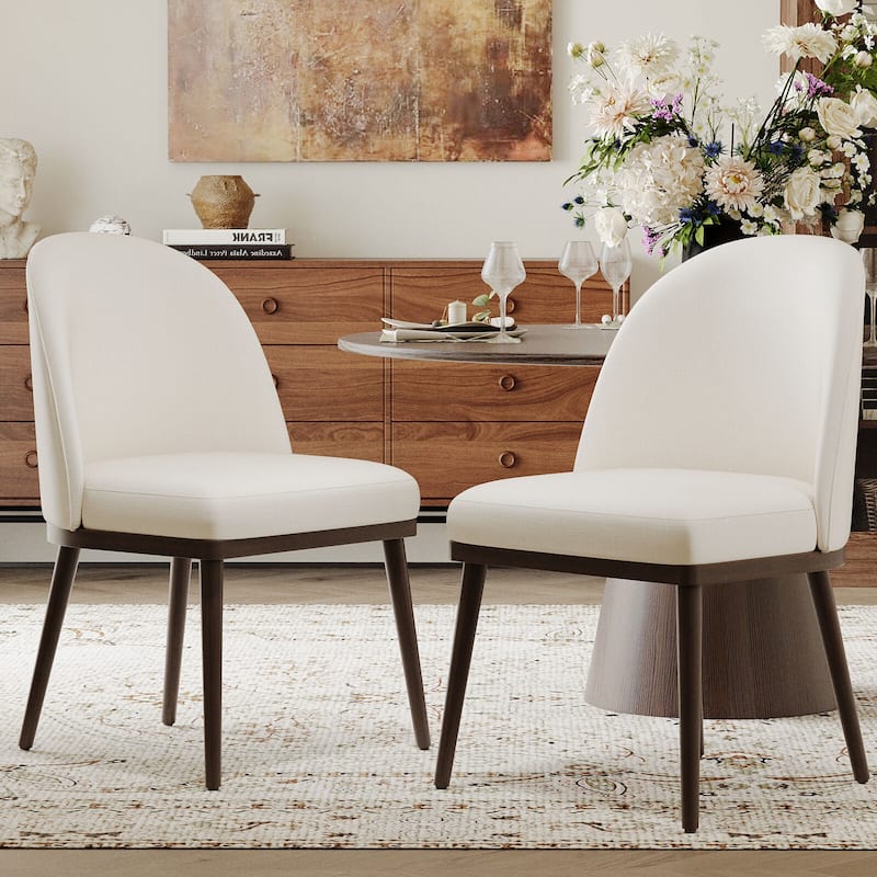 Upholstered Fabric Dining Chairs with Curved Backrest - Set of 2 - Beige