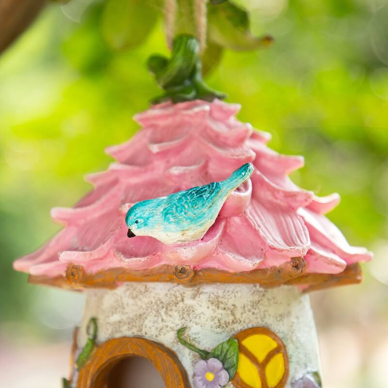 Glitzhome 9''H Resin Pink Yellow Roof Outdoor Garden Birdhouse