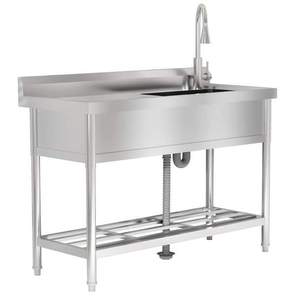 slide 2 of 6, Stainless Steel Single Utility Sink, with Cold Hot Water Pipe Faucet Silver