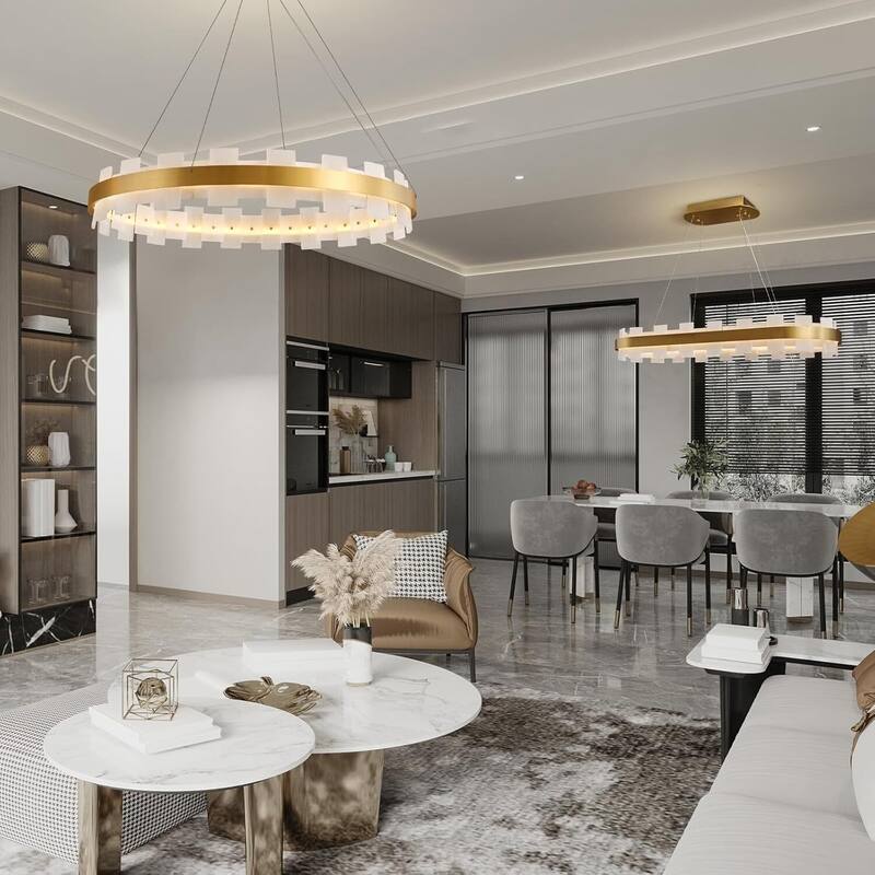 KAYLA Luxury Alabaster Chandelier, 37.4 in. Modern Integrated LED Gold Pendant Light for Entryway, Living Room & Foyer