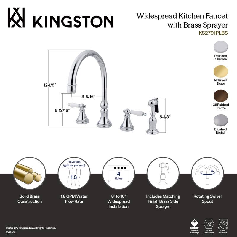 Kingston Brass Governor Deck Mount Widespread Kitchen Faucet with Brass Sprayer