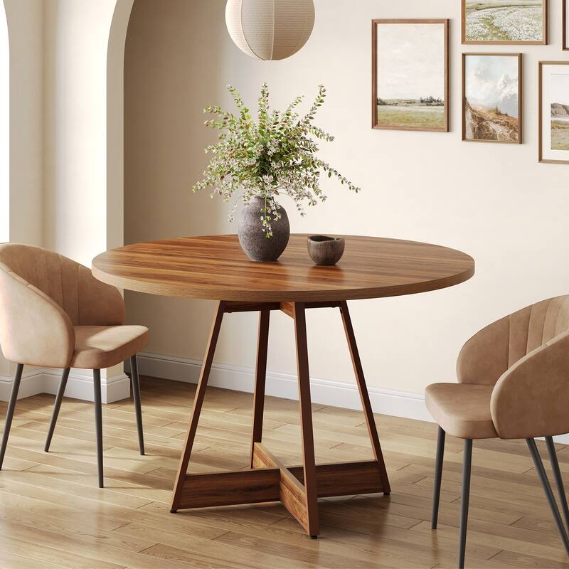 39.4" Round Dining Table for 4, Farmhouse Kitchen Table with Wooden Reinforced Base