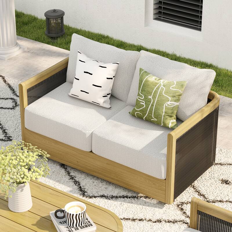 Overture 2-Person Natural Wood Grain Aluminum Hand-Woven Rope Patio Loveseat with Beige Cushions