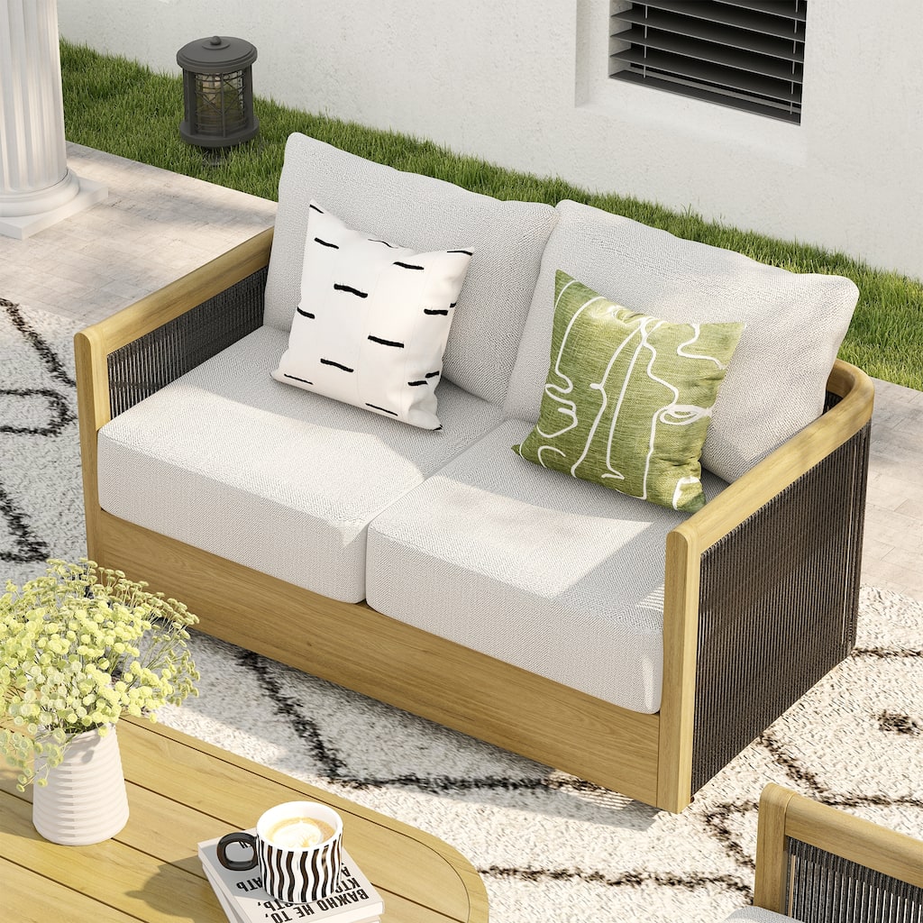 Overture 2-Person Natural Wood Grain Aluminum Hand-Woven Rope Patio Loveseat with Beige Cushions