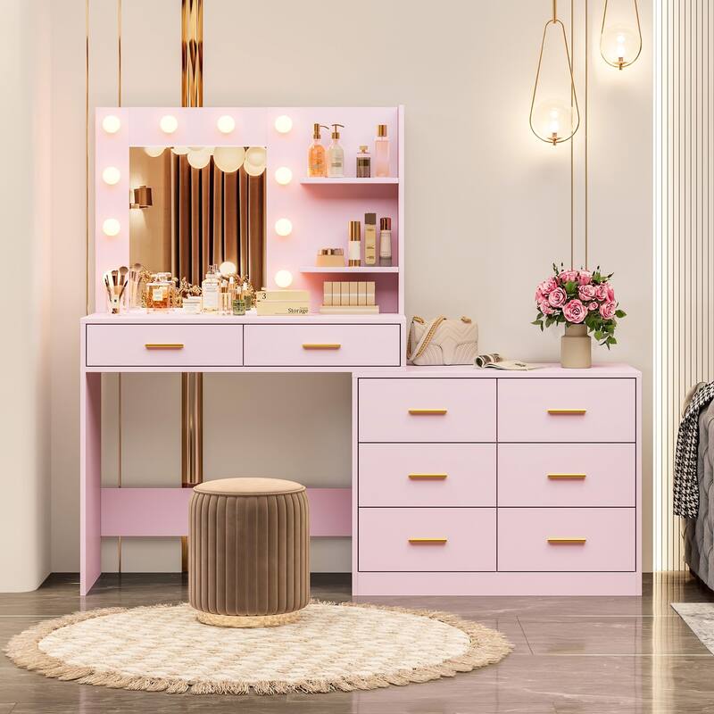 61" Make up Vanity Desk with Mirror and Lights, 3 Lighting Modes Vanity Organizer with Adjustable Brightness - Pink