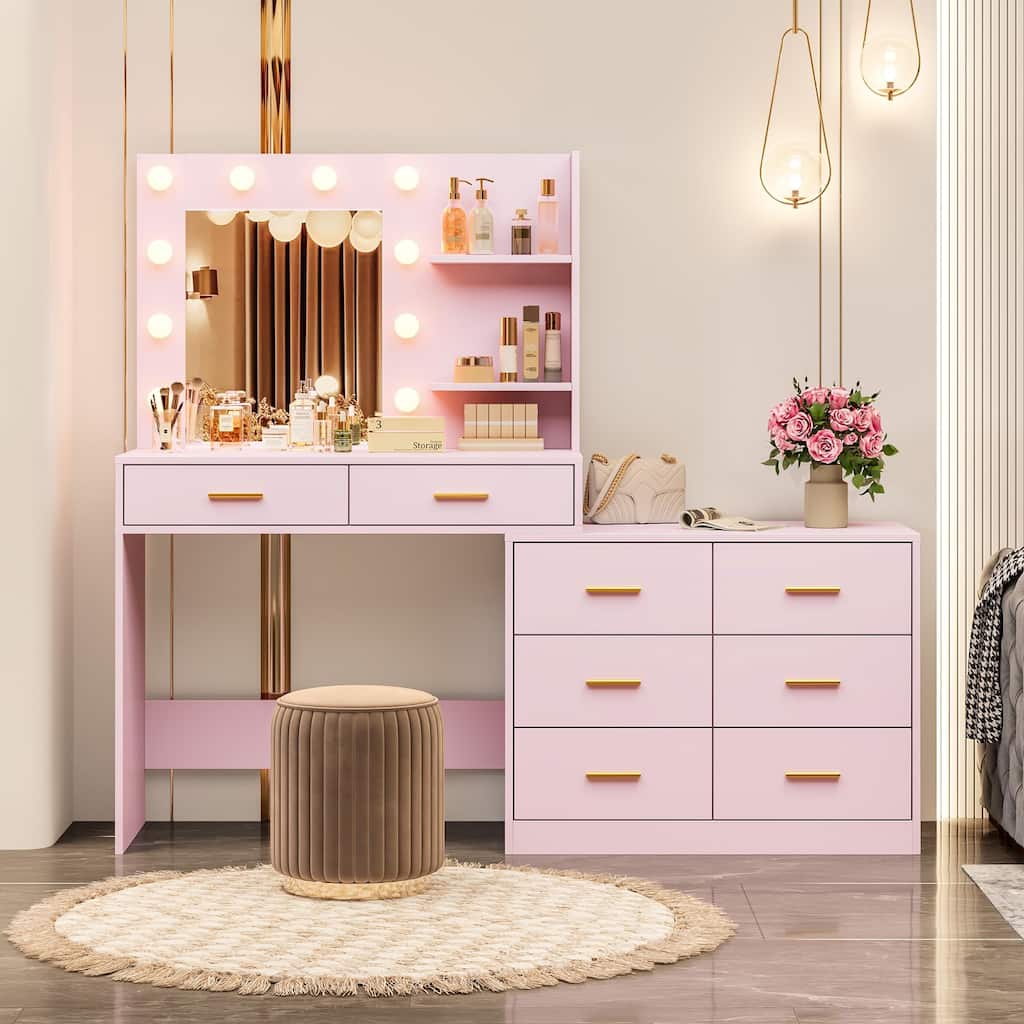 61" Make up Vanity Desk with Mirror and Lights, 3 Lighting Modes Vanity Organizer with Adjustable Brightness