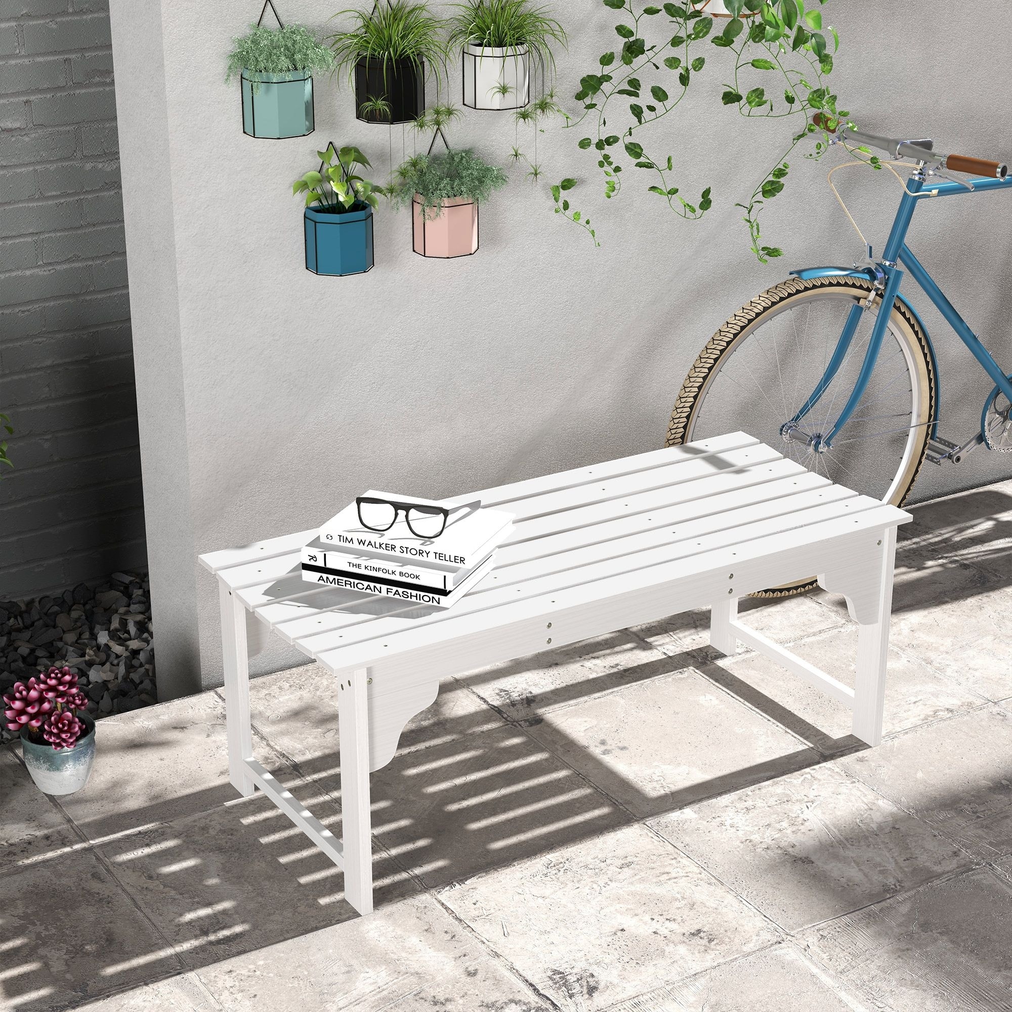 Outsunny Wooden Garden Bench, Outdoor Park Bench with Slatted Seat, Backless Front Porch Bench with Curved Seat