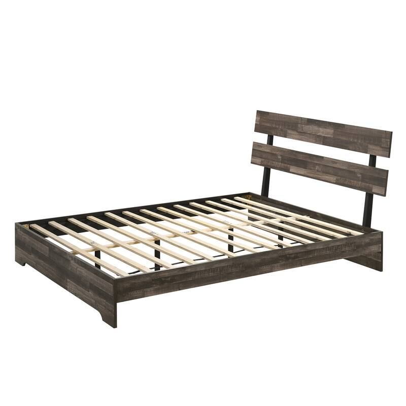 Queen Size Wood Platform Bed with Slat Headboard, Low-Profile Frame and Rustic
