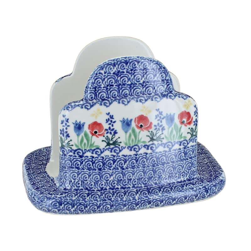 Blue Rose Polish Pottery 487 Ceramika Artystyczna Napkin Holder - Memory Garden
