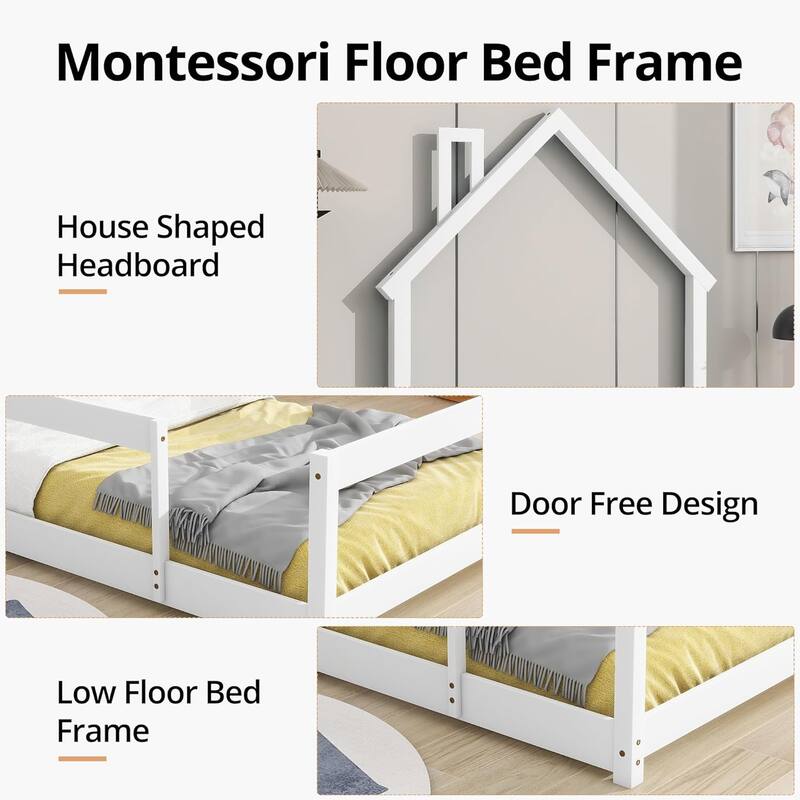 Twin Size House-Shaped Headboard Floor Bed with Fences