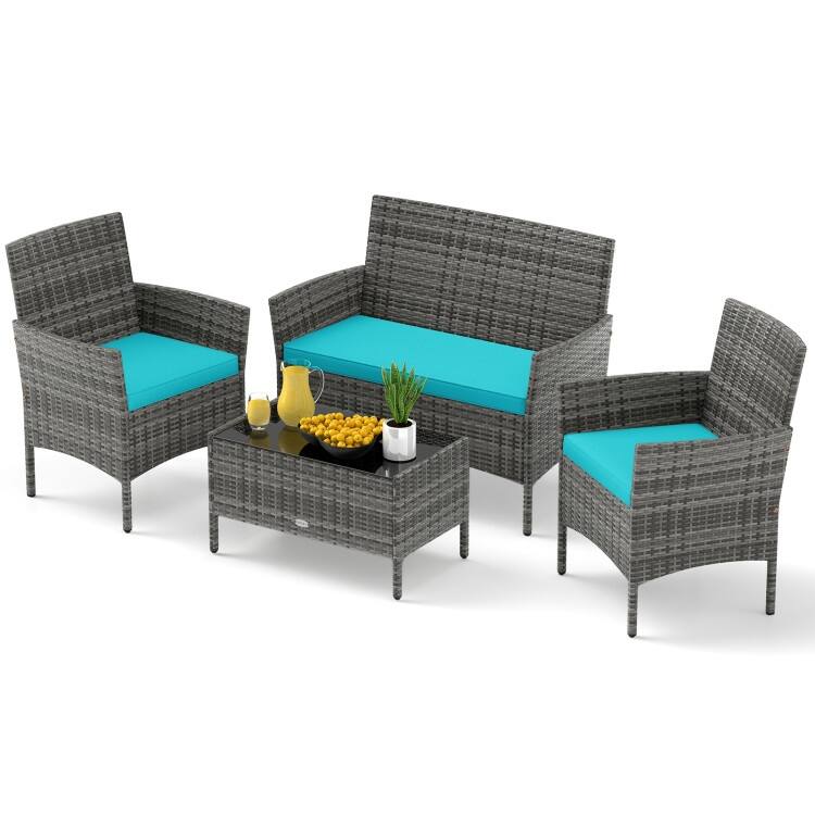 4 Piece Outdoor Rattan Patio Set with Cushions and Glass Table - 39.5" x 22.5" x 32"