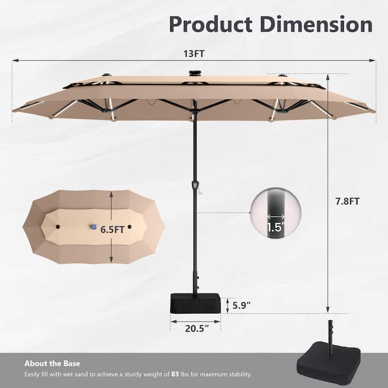 MAISON ARTS 13ft Double-Sided Outdoor Umbrella, 2-Tier Vented Market Umbrella with Colored Lights and Base