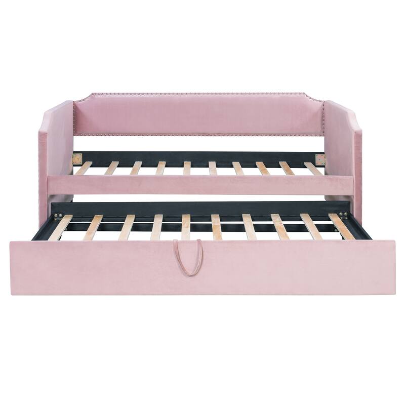 Twin Velvet Upholstered Daybed with Pop-Up Trundle Bed, Luxurious Convertible Sleeper