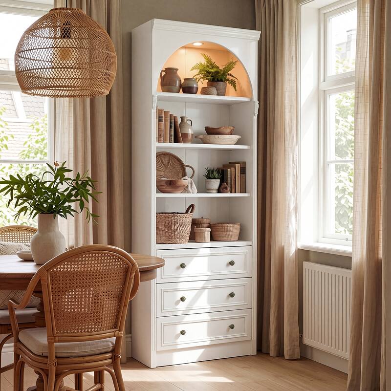 Modular White Bookcase with LED Lights & Glass Doors, 86.6" Tall Arched Display Cabinet Solid WoodStorage Cabinet