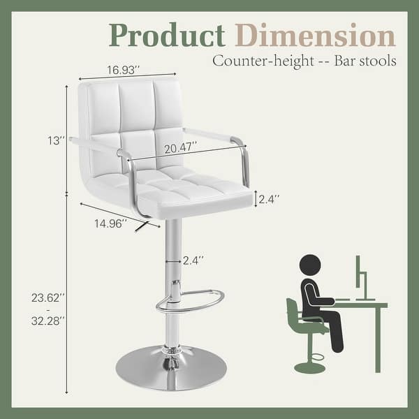 dimension image slide 2 of 3, Furniwell Bar Stools Set of 2 Modern Height Adjustable Kitchen Swivel Barstool with Armrest