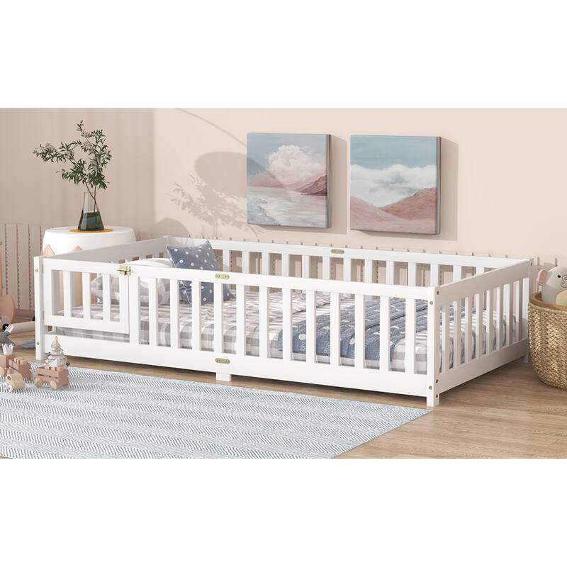 Roomfitters Twin/Full/Queen Rubber Wood Floor Bed with Fence and Swing Door, Safety Guardrails, Low Profile Design