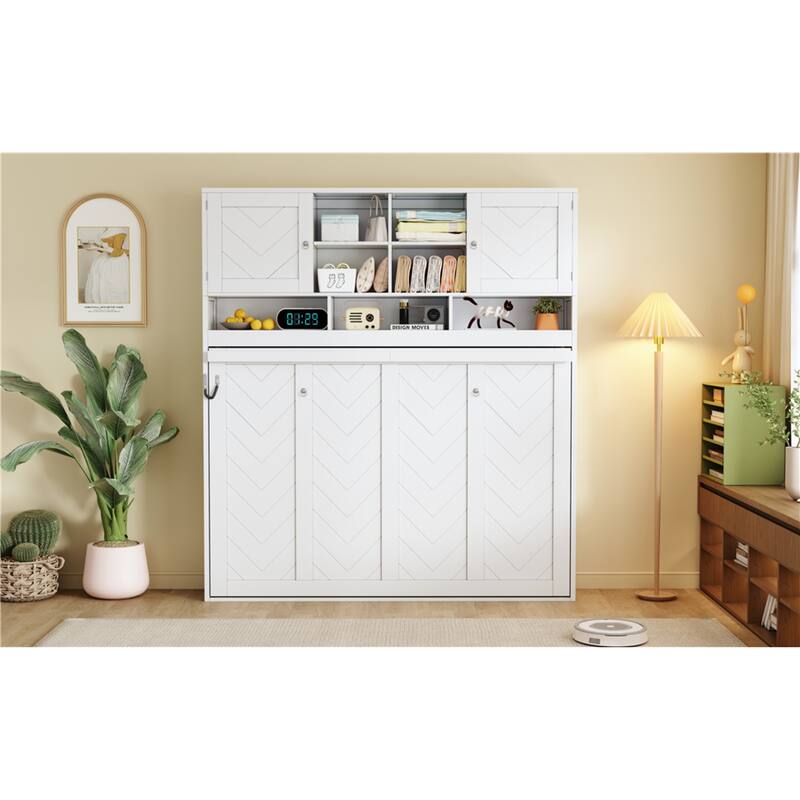 Roomfitters Queen Murphy Bed with Storage Shelves and Chevron Cabinets, Wall Mounted Space Saving Fold Down Bed System, White