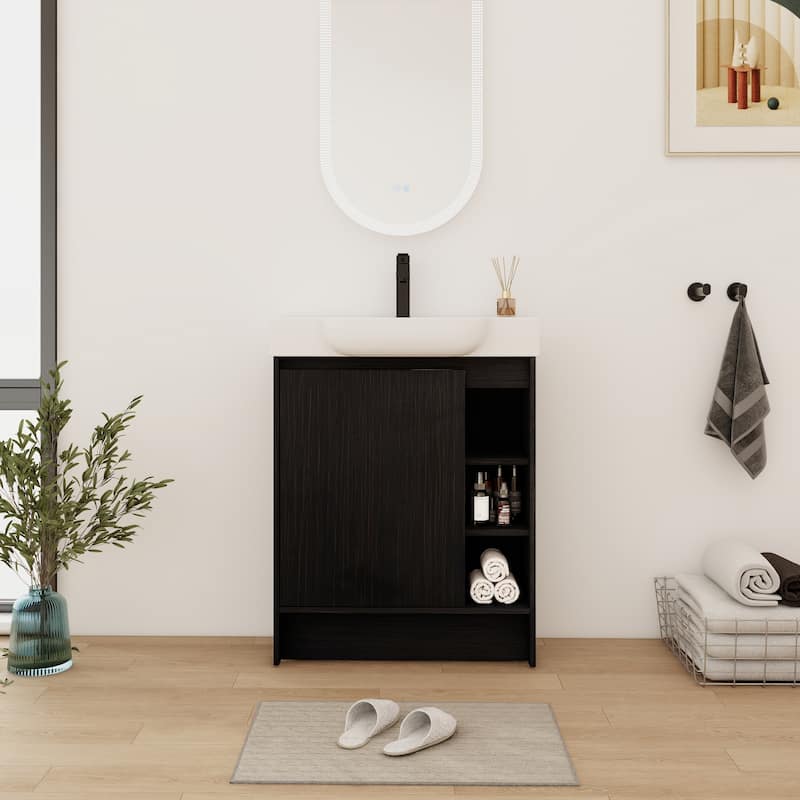 28 Inch Freestanding Bathroom Vanity Cabinet with Ceramic Sink,1 Soft Close Door and 3 Shelves - 27.2''W×14.8''D×35.3''H - Black Chestnut