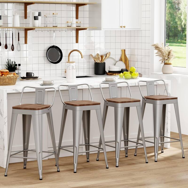 Counter & Bar Stools with Metal Frame Kitchen Stools with Low Back Kitchen Bar Furniture Stools with Square Wooden Seat - Set of 4 - Silver - Bar Height