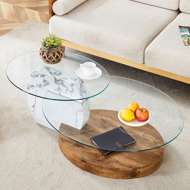 GDFStudio Marlowe Tempered Glass Coffee Table with Marble and Wood Texture Dual Base