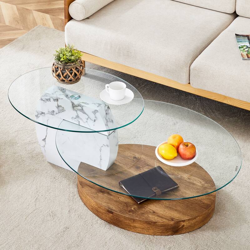 Roomfitters Double Layer Coffee Table with White Marble and Wood Grain Finish, Artistic Modern Design