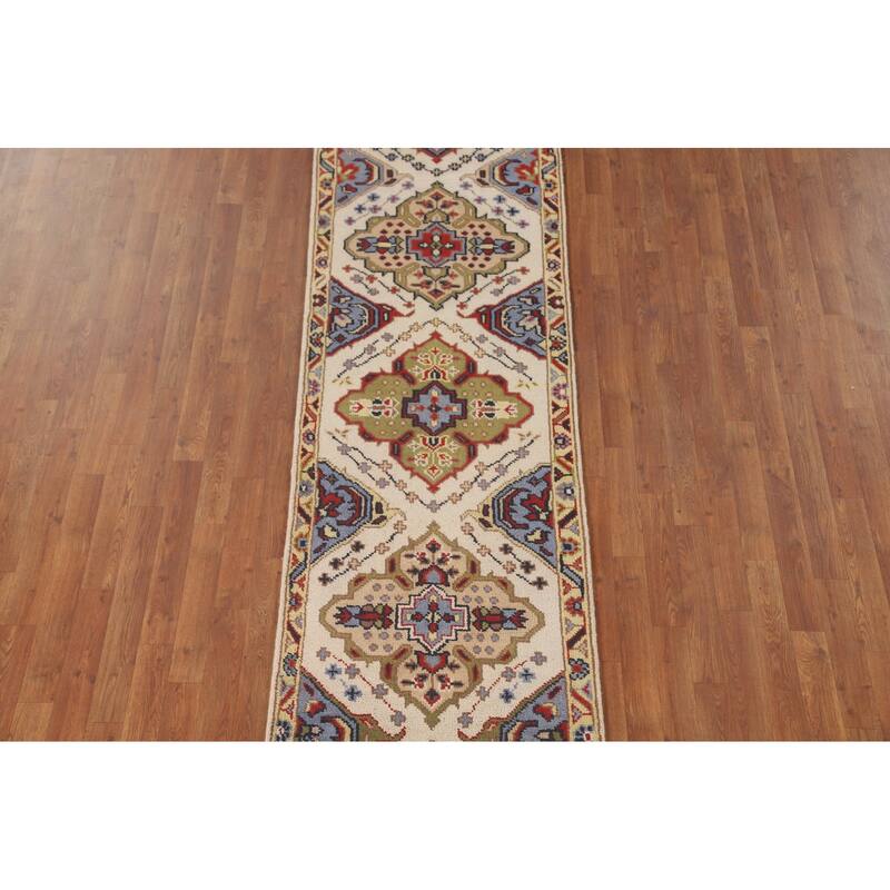 Geometric Beige Kazak Runner Rug Handmade Hallway Wool Carpet - 2'7" x 10'0"