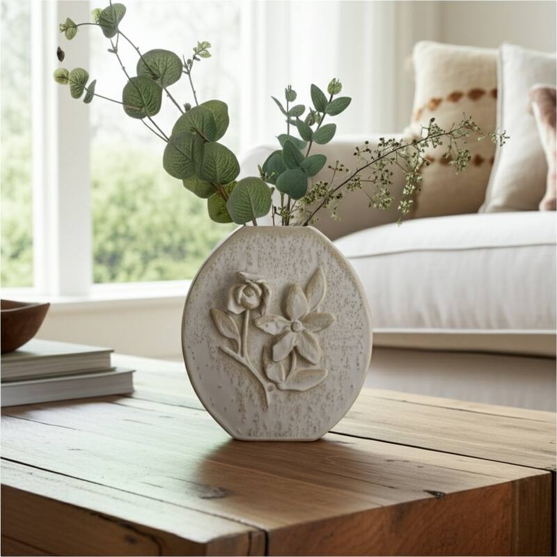 Ceramic Earthenware Textured Vase with Tapered Rim and Organic Pattern - 9" x 5" x 10"