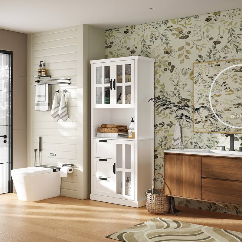 Modern Bathroom Cabinet Freestanding Storage Cabinet with Glass Doors & 3 Drawers