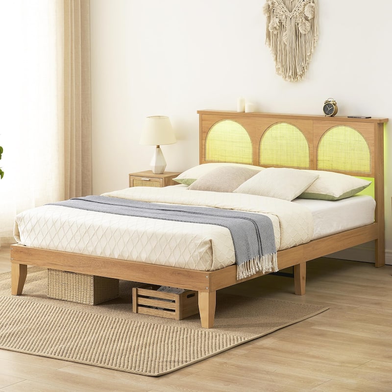 Wooden Bed Frame with Natural Rattan Headboard