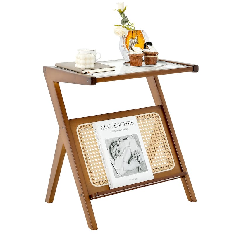 Decorative End Table with Rattan Accents and Storage Rack - 19.5" x 14" x 22" (L x W x H)